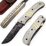 Beautiful Custom Handmade Damascus Steel Sparrow Engraved Folding Knife