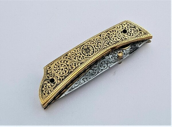 Beautiful Custom Handmade Pocket Folding Knife Handle Engraved Brass - Image 3