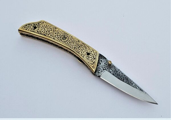 Beautiful Custom Handmade Pocket Folding Knife Handle Engraved Brass - Image 5