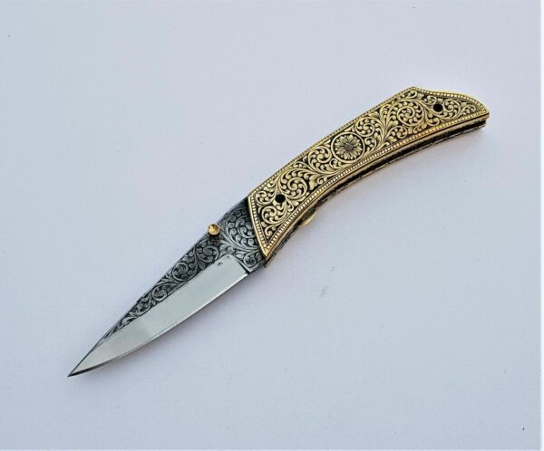 Beautiful Custom Handmade Pocket Folding Knife Handle Engraved Brass - Image 6