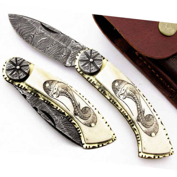 Beautiful Custom Handmade Damascus Steel Engraved Folding Knife Handle Camel Bone Scrimshaw Cobra