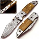 Beautiful Custom Handmade Fixed Sharp Blade Damascus Steel Folding Pocket Knife Handle Wood with Damascus Clip
